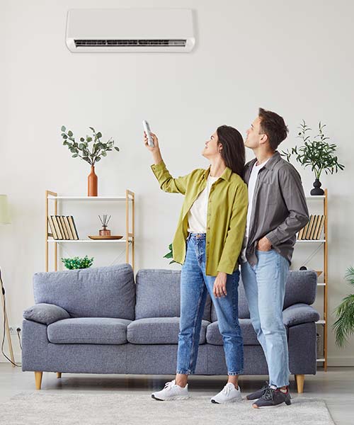 Couple standing in their living room pointing a remote towards their AC unit