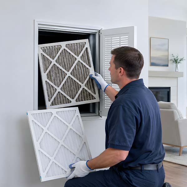 HVAC technician kneeling to replace a dirty filter