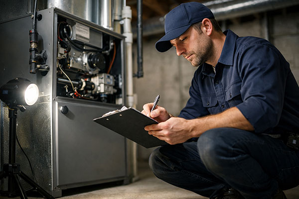 HVAC tech with flashlight looking into a furnace