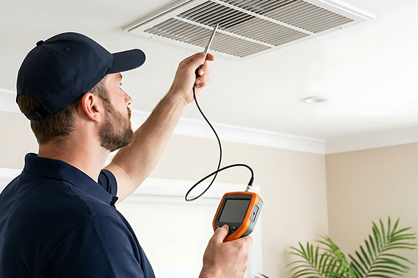 HVAC technician taking a temperature reading from a vent