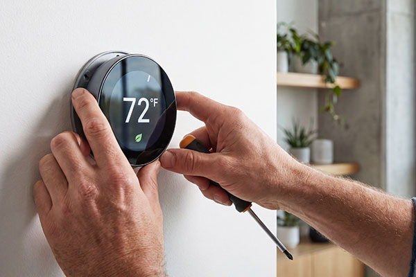 Technician installing a new thermostat