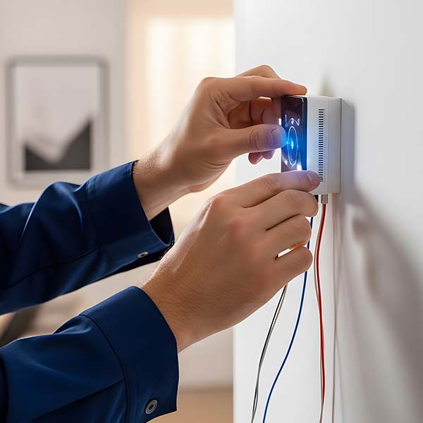Technician installing a new thermostat