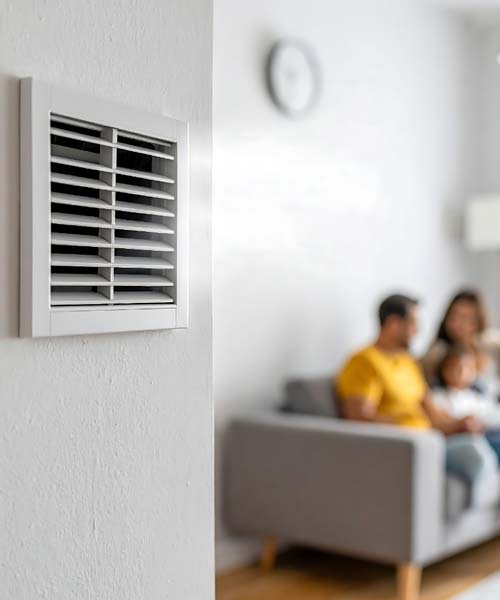 Vent in the foreground with blurred family sitting on living room in background
